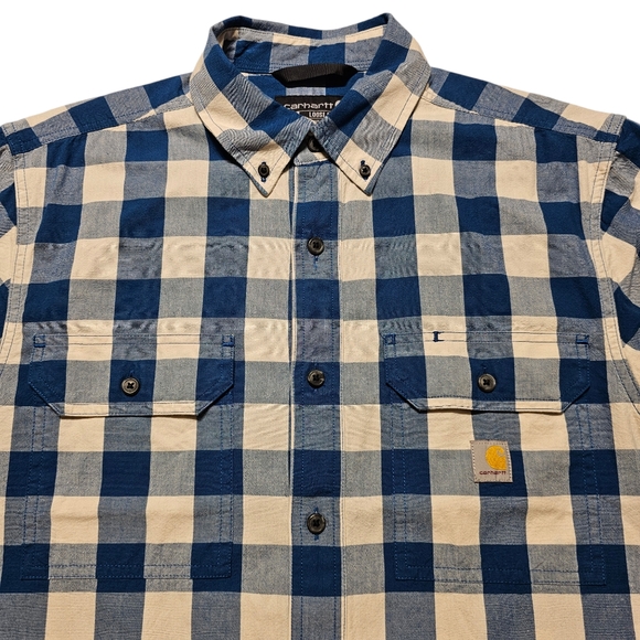 Carhartt Blue Plaid Button Down Short Sleeve Shirt Men’s Size Medium Loose Fit - Picture 2 of 8